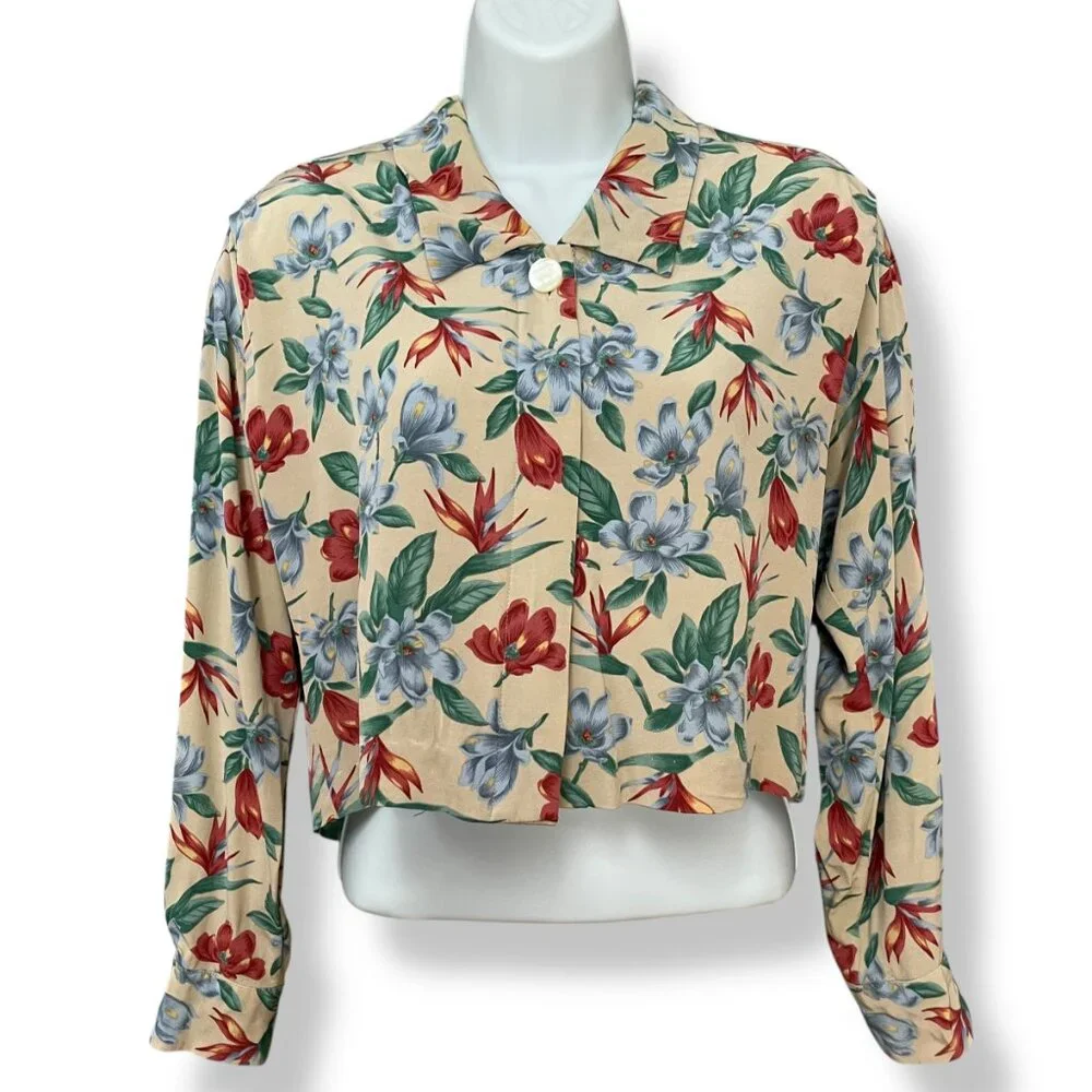 Vintage Floral Top Blouse Beige Long Sleeves‎ Tropical Collar 90s Women Hawaiian